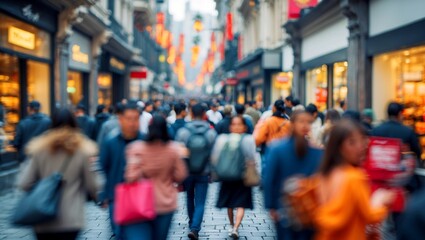Blurred movement of shoppers on busy city street