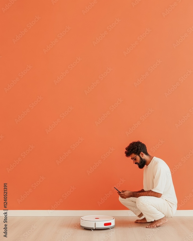 Poster contemporary home automation scene indian man with slim build syncing robot vacuum via smartphone on