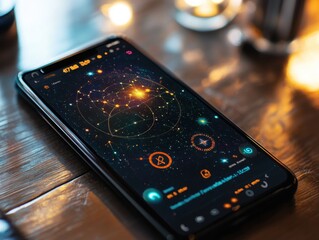 Futuristic astrology app on smartphone with birth charts, star alignments