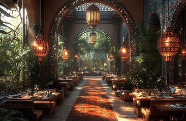 Obraz premium Elegant dining area with arched doorways, lush greenery lantern lighting and richly adorned tables on a vibrant carpet