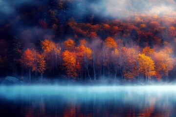 Fototapeta premium Misty Autumn Morning Reflection Over Tranquil Lake Surrounded by Vibrant Orange and Yellow Foliage Under Soft Ethereal Fog and Serene Atmosphere