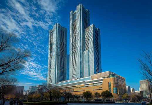 Fototapeta Blue skies and tall buildings seen from below, wide-angle, low-angle perspective, skyscrapers, business district, cityscape, urban architecture, blue sky, office building, corporate skyline, skyscrape
