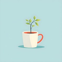 Sustainable Growth: A Green Plant Sprouting from a Coffee Mug – Symbolizing Nature, Eco-Friendly Living, Mindfulness, and Organic Lifestyle in a Minimalist Art Style. A Creative Concept of Sustain