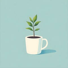 Sustainable Growth: A Green Plant Sprouting from a Coffee Mug – Symbolizing Nature, Eco-Friendly Living, Mindfulness, and Organic Lifestyle in a Minimalist Art Style. A Creative Concept of Sustain