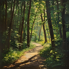 Fototapeta premium Sun-Dappled Forest Path: A winding path leads through a sun-dappled forest, trees casting shadows on the ground, creating a peaceful, inviting, and evocative scene.