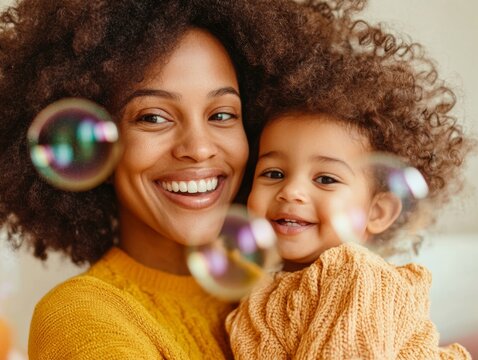 Raw Emotional Living Space Happy Mother and Child Engaging with Bubbles - Authentic Modern Family Lifestyle Content and Social Media Marketing Visuals