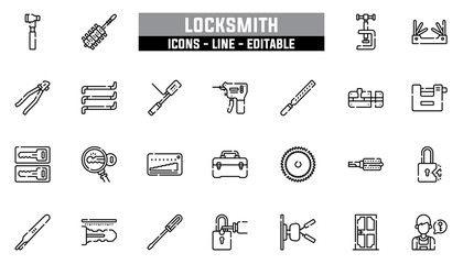 Set of 25 line icons locksmith. Editable stroke. Vector illustration