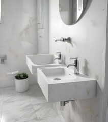 Polished white vanity sink with sleek silver tap in contemporary public toilet, contemporary, elegant, convenience
