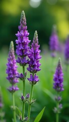 Obraz premium Purple flowers on a tall sage bush in the garden, flowers,