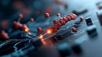 Fototapeta premium Pulsing electric streams illuminate molecular structures in a high-tech laboratory environment captured in a detailed close-up view