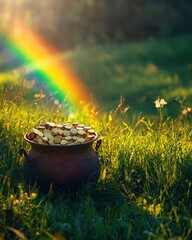 Pot of Gold Coins on a Green Field Under a Rainbow: A pot filled with gold coins stands on a green field, with a vibrant rainbow visible in the background.