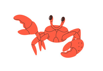Crab with pincers waving. Cute marine crustacean catching with claw. Sea animal. Underwater ocean fauna. Water crawfish. Exotic tropical flat graphic vector illustration isolated on white background