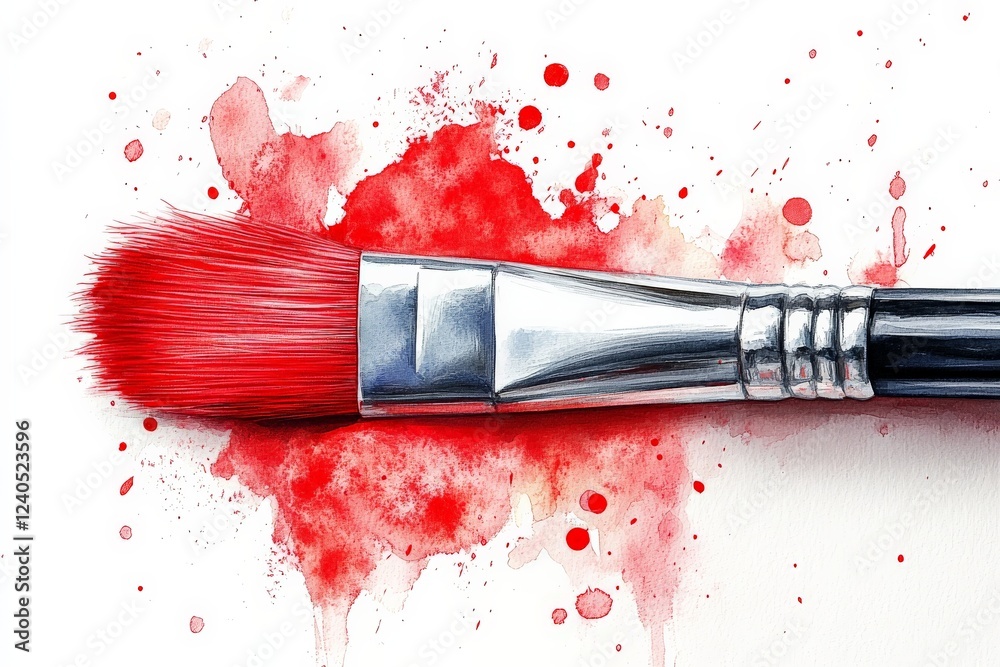 Poster Vibrant red paintbrush resting on a splattered canvas of color in an artistic workspace