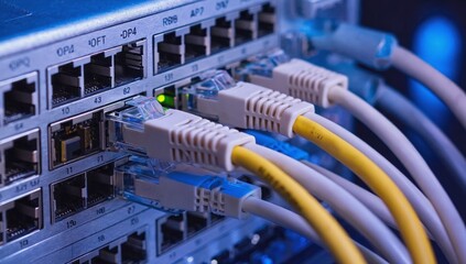 Network switch cables connection, data center, server room, background blurred