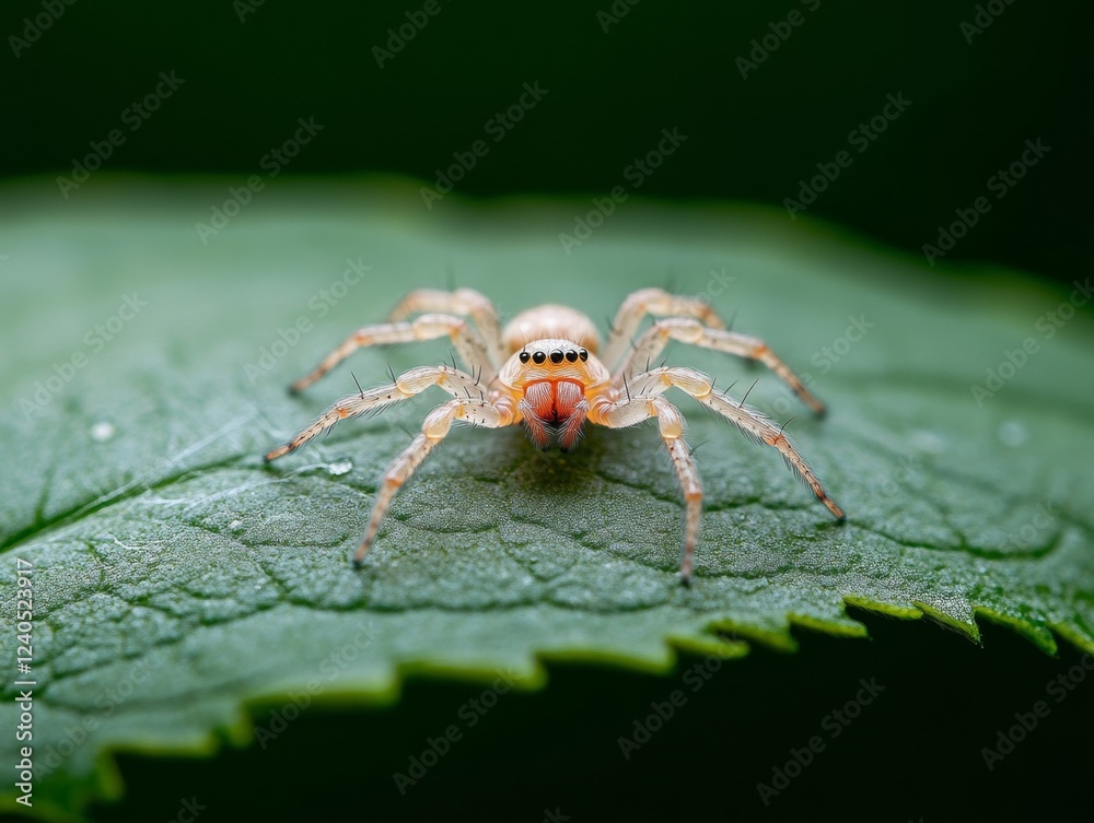 Poster nature-inspired textures macro of spider on dewy leaf - educational content and eco-friendly design 