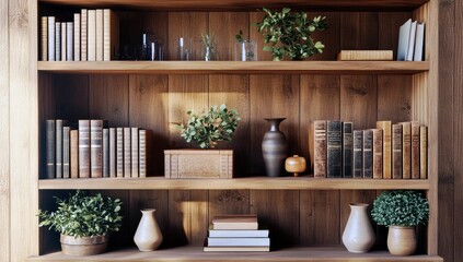 Fototapeta premium Stylish wooden bookshelf filled with vintage books, potted plants, decorative vases, and minimalistic decor items in a cozy interior setting