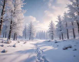 Obraz premium Romantic snowy scene with snow-covered trees in the distance, nature, forest