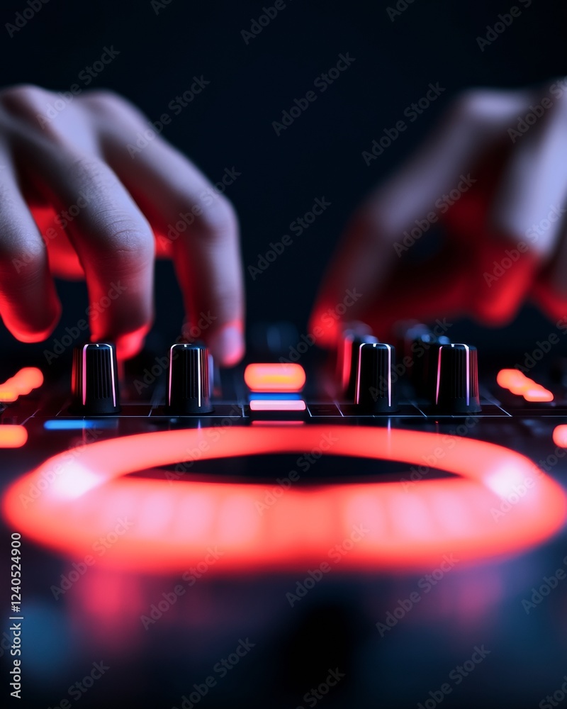 Poster futuristic dj controller setup hands tweaking glowing rgb knobs in sleek minimalist workspace - digi