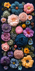 Colorful fabric flowers arranged on a dark background