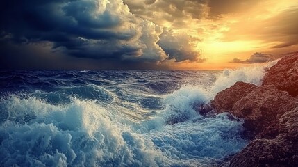 Dramatic Ocean Waves Crash Against Rocky Shore Under Sunset Sky