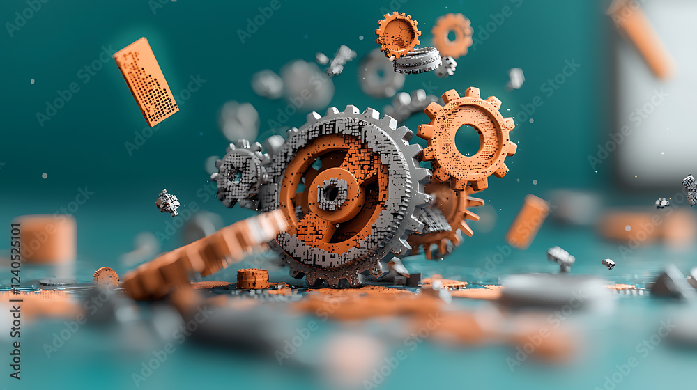 Poster dynamic rust-covered gears emerging from glitchy code studio environment digital art close-up view f