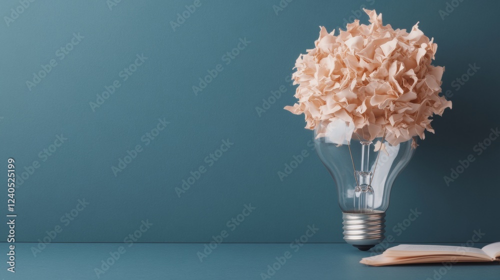Aufkleber conceptual innovation display textured light bulb with creative flower top and open book - modern bu