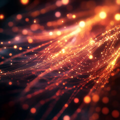 Obraz premium Abstract Digital Network: A mesmerizing display of interconnected points and lines, glowing with warm orange and gold hues, evoking the complexity of data transmission and the digital world.