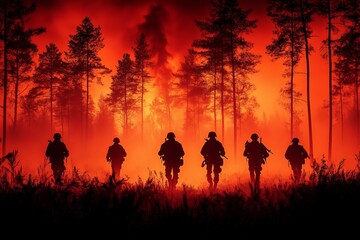 Fototapeta premium Soldiers advance through a forest engulfed in flames during a dramatic firefighting operation