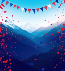 Mountain landscape celebration with colorful bunting and confetti, vibrant blue sky, majestic peaks, festive atmosphere, copy space for text
