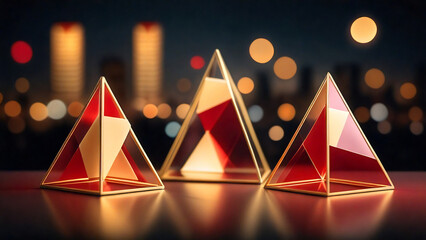 Transparent geometric pyramids in an urban neon scene.