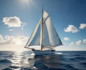 Fototapeta premium Sailboat with billowing white sails cruising through the deep blue sea, sailing, water, blue