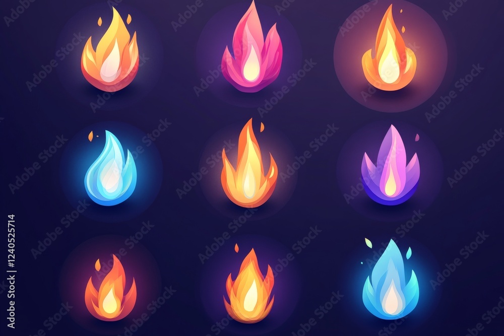Poster colorful flame icons representing various fire types on a dark background