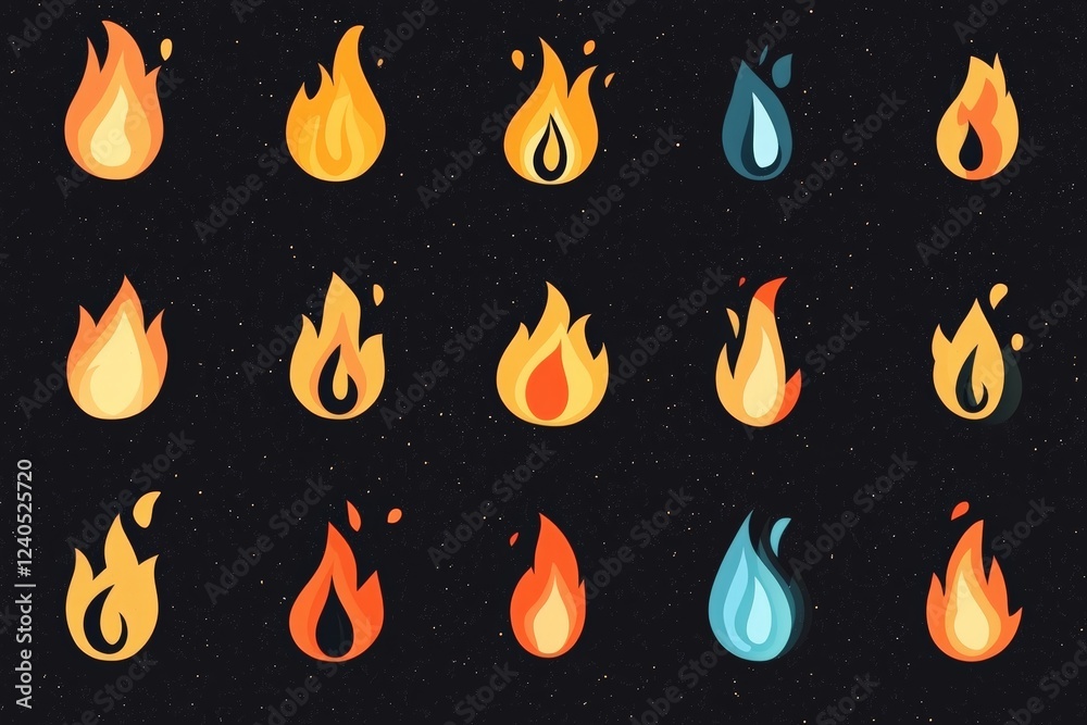 Aufkleber Variations of flame icons in different colors and styles on a dark textured background