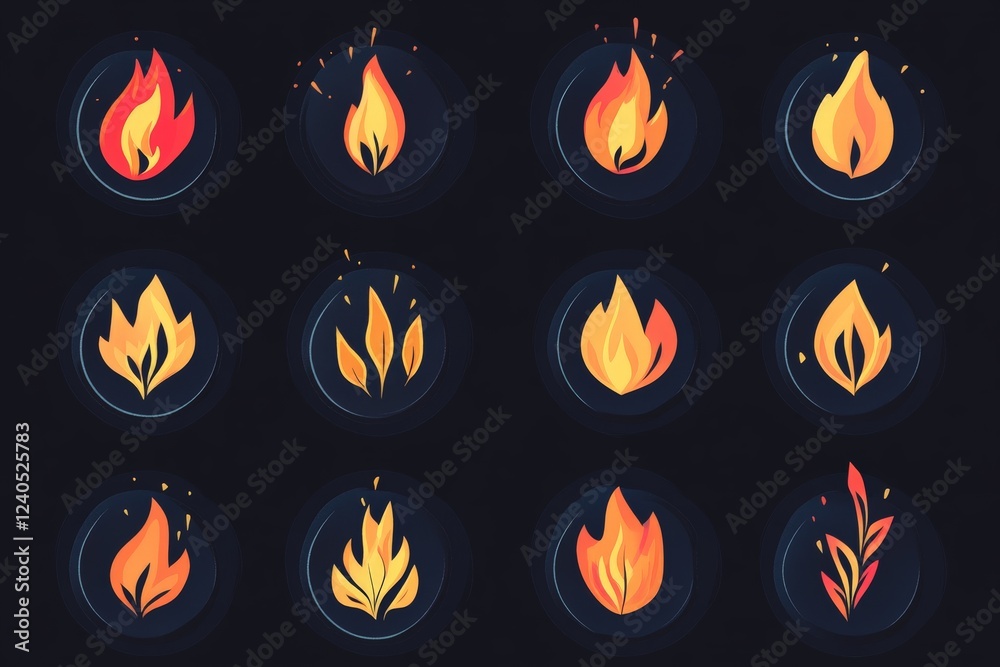 Poster collection of vibrant flame icons featuring various flame styles and colors on a dark background