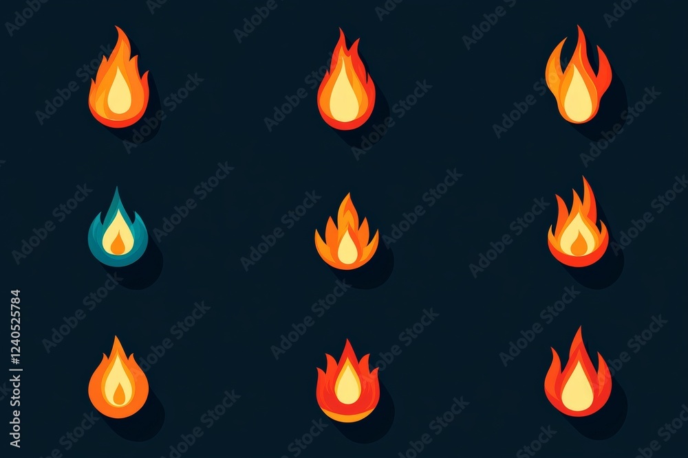 Poster colorful fire icon collection with various shapes and designs on a dark background
