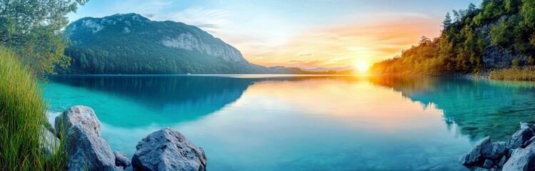 Fototapeta premium Serene Sunrise Over Tranquil Lake Surrounded by Lush Green Mountains and Clear Blue Sky Reflecting on Calm Water Surface