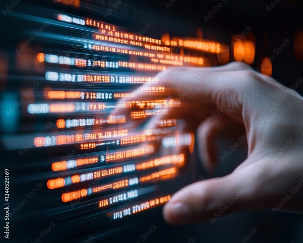 Poster Dynamic Data Interface Touch Interaction with Neon Analytics Display for Efficient Logistics - Cutting-edge Tech Visualization in Business Intelligence and Operational Strategy