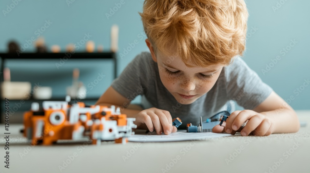 Poster next-gen learning young boy engaged in robotic assembly on carpet - innovative stem approach and chi