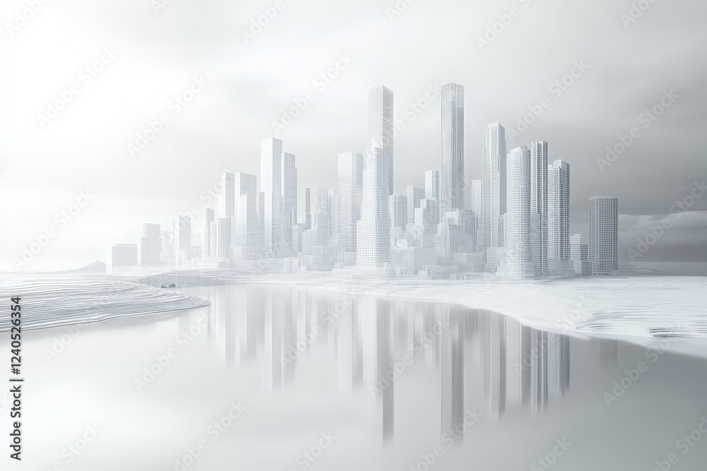 Poster modern city skyline reflected in calm water during a cloudy day with an ethereal atmosphere