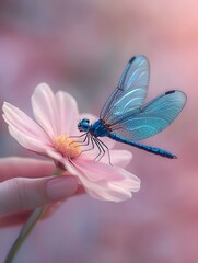 Blue Dragonfly Resting on a Pink Cosmos Flower
