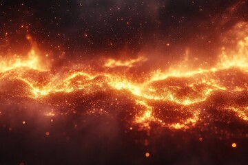 Fototapeta premium Vibrant orange and yellow flames dancing across a dark, smoky background create a mesmerizing display of heat and energy