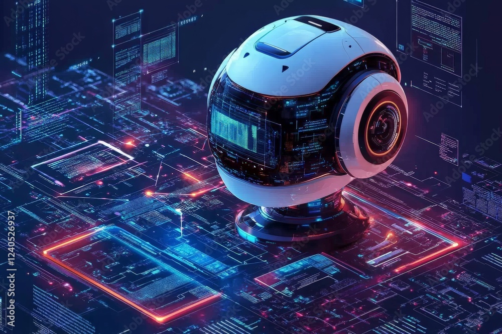 Poster Futuristic robot with holographic display in a high-tech digital environment