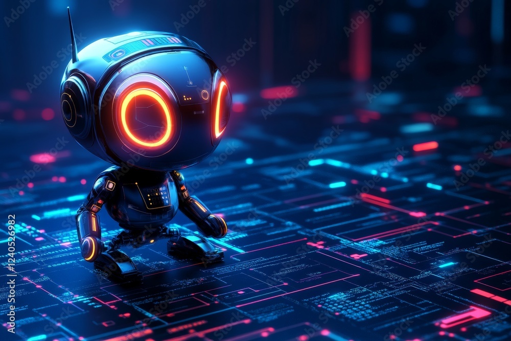 Fototapete cute robot stands on a glowing tech floor filled with circuits in a futuristic environment