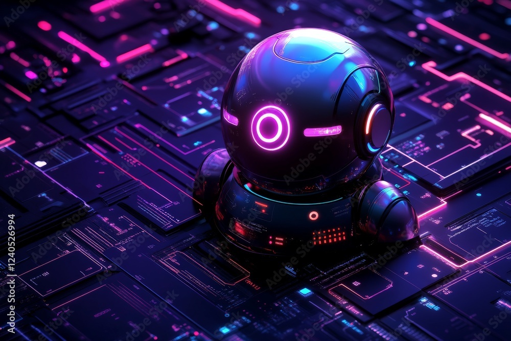 Fototapete exploring a futuristic robot surrounded by glowing digital circuitry in a dark, vibrant environment