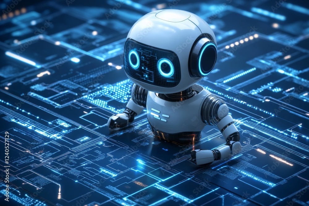 Aufkleber Robot interacting with digital circuit patterns in a futuristic setting