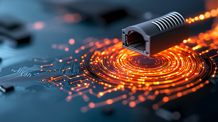 Dynamic electric light streams converging into a radiant network connector futuristic tech lab digital art high-tech environment close-up innovation visualization