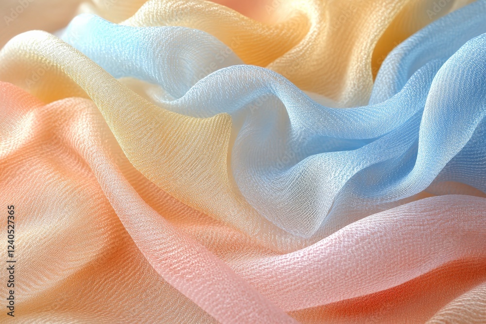 Poster soft pastel fabric drapes with gentle waves and textures in a warm light setting