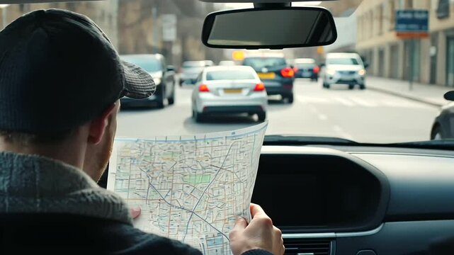 Taxi Driver Studying City Map Between Rides