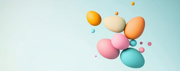 Colorful pastel easter eggs floating on light blue background