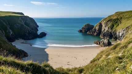 Serene beach view, tranquil shoreline with soft sand, clear blue waters lapping against rocky cliffs, perfect for relaxation.